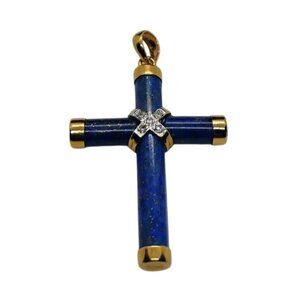 14k Gold Blue Lapis Lazuli Diamond Cross Crucifix Pendant